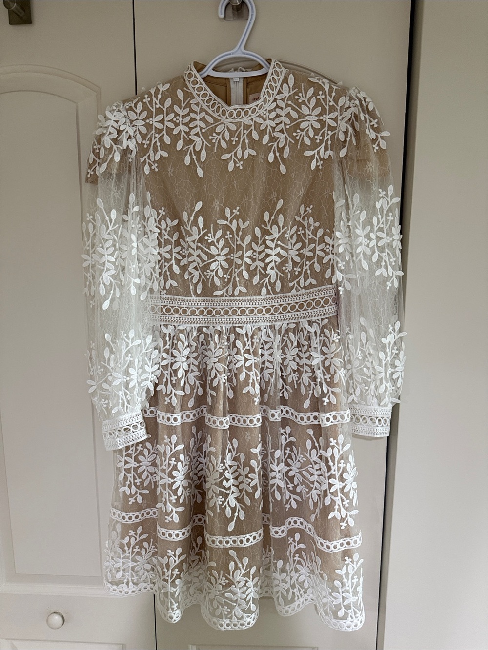 Ivy City Embroidered Lace Overlay Dress in Beige and White